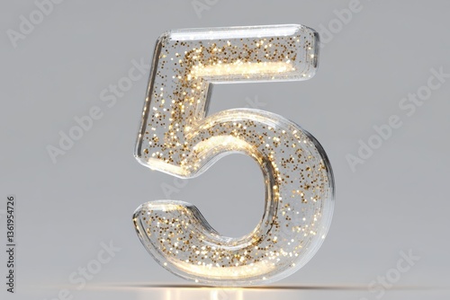 Shimmering number five made of transparent material with embedded gold glitter, ideal for celebrations and decorative displays