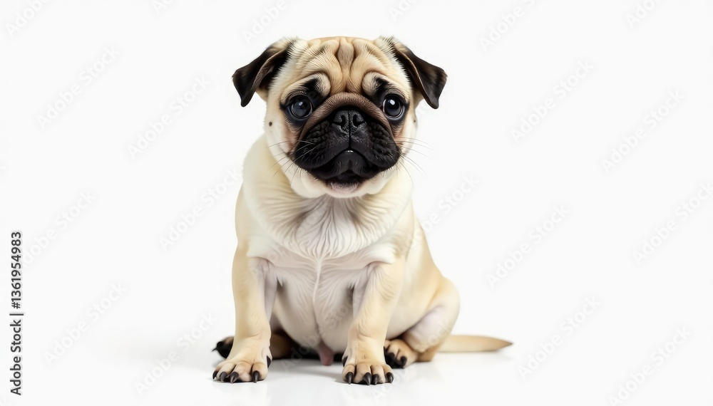 Obraz premium Adorable pug dog sits alone against white background, isolated, pet portrait