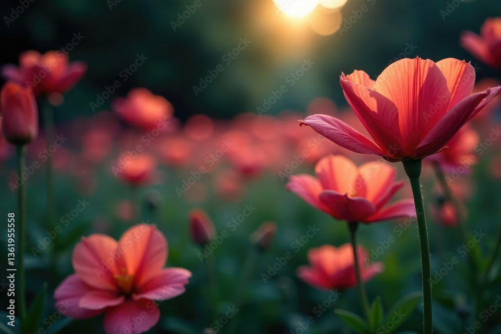 Blurred, out-of-focus late evening flowers in a garden, intricate design , colours, nature Blurred, out-of-focus late evening flowers in a garden, intricate design , colours, nature