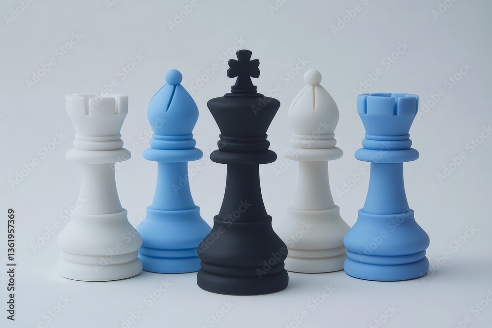 Unique chess pieces in minimalist design showcasing black and blue materials under soft lighting Unique chess pieces in minimalist design showcasing black and blue materials under soft lighting