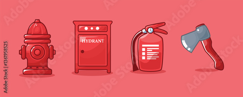 Set of fire fighter tools such as fire extinguisher water hydrant and axe vector design illustration in simple and cartoon style . perfect for asset material or sticker 
