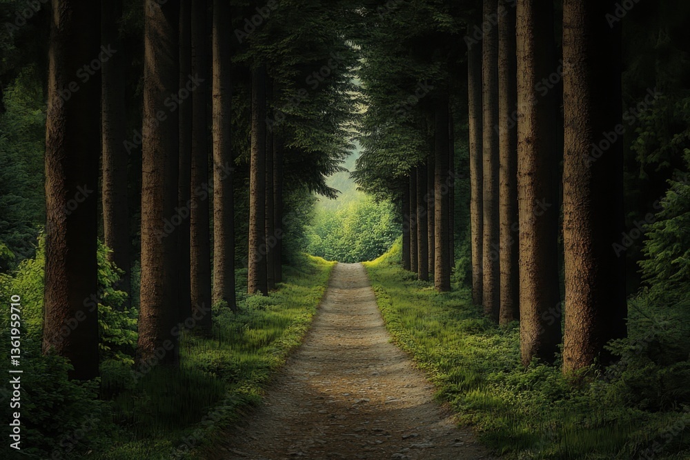 Fototapeta premium Pathway through a serene forest with towering trees and green foliage