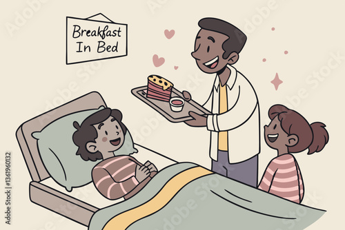 warm family moment with a father presenting a delicious breakfast in bed to his kids with a card, creating memories and joy, Fathers day background