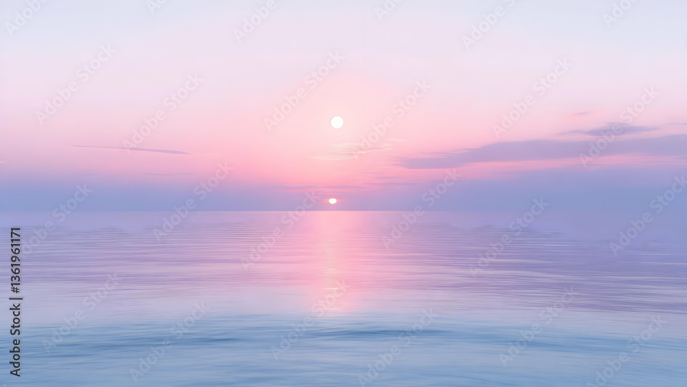 Naklejka premium Mystical Seascape Moon High in Starry Sky Reflecting on Calm Ocean Residual Dawn Light Paints Horizon Peaceful Panoramic Nature Background