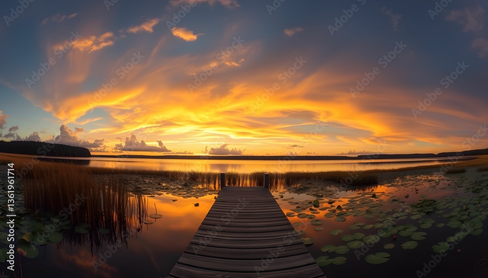 Fototapeta premium Panoramic sunset landscape, wooden pier stretching into calm lake, vibrant orange and gold sky, silhouetted reeds, reflection on water, dramatic clouds, wide-angle view, serene atmosphere