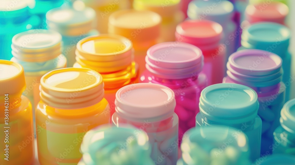 Close-up of colorful pill bottles and plastic jars of supplements.