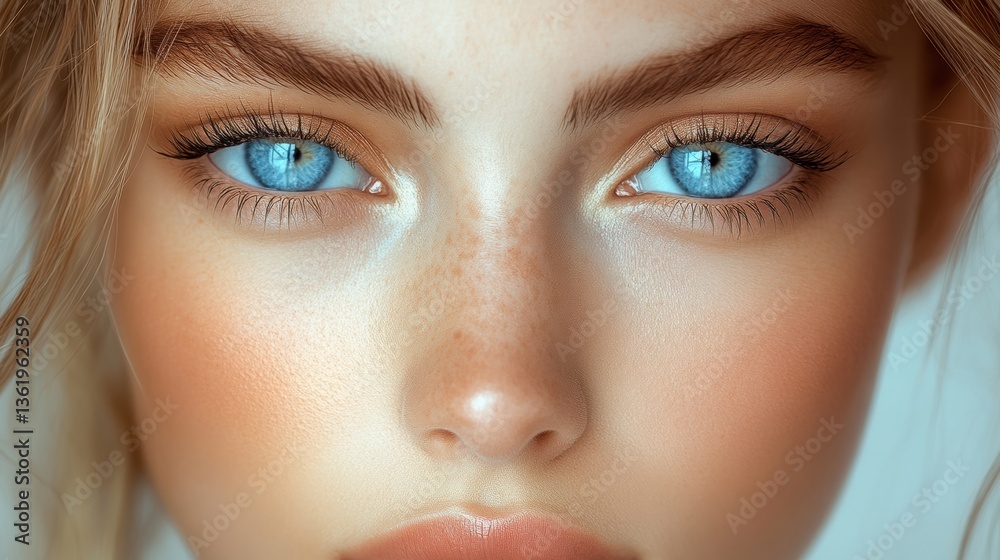 Portrait of a young woman with striking blue eyes and natural beauty captured in soft light, emphasizing her flawless skin and delicate features in a serene setting Portrait of a young woman with striking blue eyes and natural beauty captured in soft light, emphasizing her flawless skin and delicate features in a serene setting