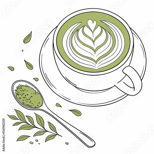 Green Matcha Latte with Rosetta Art in White Ceramic Cup – Overhead View of Artisanal Beverage.