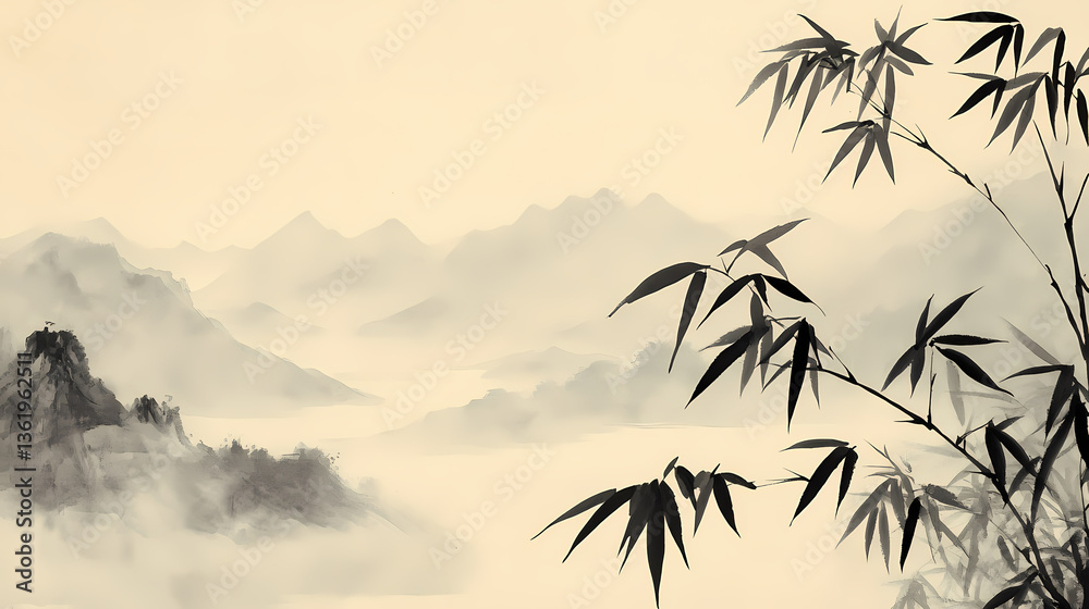 Naklejka premium Misty Mountains and Bamboo in Chinese Ink Painting