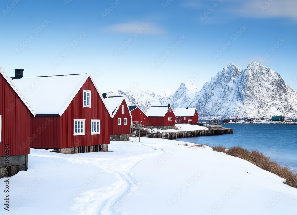 Fototapeta premium Charming red cabins line the snowy coastline with mountains in the background on a clear winter day in Norway