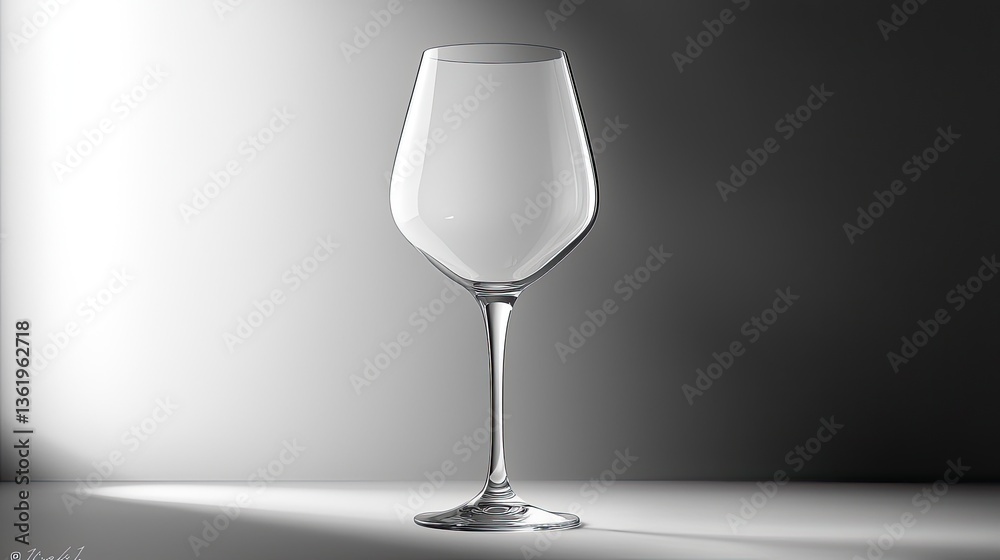Empty wine glass on a neutral background, illuminated by a soft light source. The glass is tall, clear, and has a slightly tapered bowl Empty wine glass on a neutral background, illuminated by a soft light source. The glass is tall, clear, and has a slightly tapered bowl