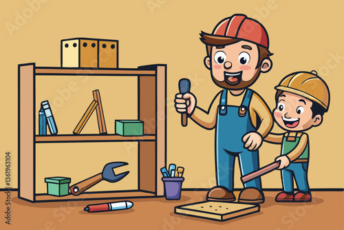 Father and son in a DIY project, assembling wooden furniture at home, family bonding and learning together Fathers Day Background