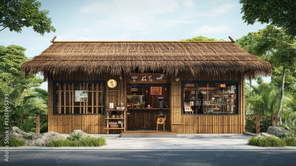 Charming wooden shop with a thatched roof nestled in a lush tropical landscape Charming wooden shop with a thatched roof nestled in a lush tropical landscape