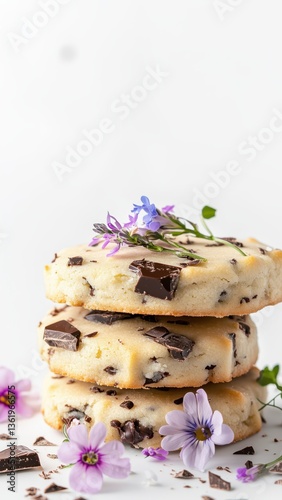 Three perfect baked chocolate cookies biscuits dessert decorated with dark brown chocolate pieces and tender flowers isolated on white background bakery pastry