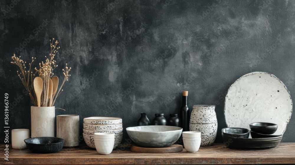 Modern ceramic tableware set against textured wall Modern ceramic tableware set against textured wall
