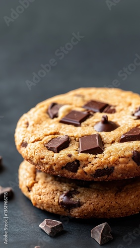 Two perfect baked chocolate cookies biscuits dessert decorated with dark brown chocolate pieces isolated on dark black blurred background bakery pastry