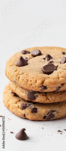 Three perfect baked chocolate cookies biscuits dessert decorated with dark brown chocolate pieces isolated on white background bakery pastry