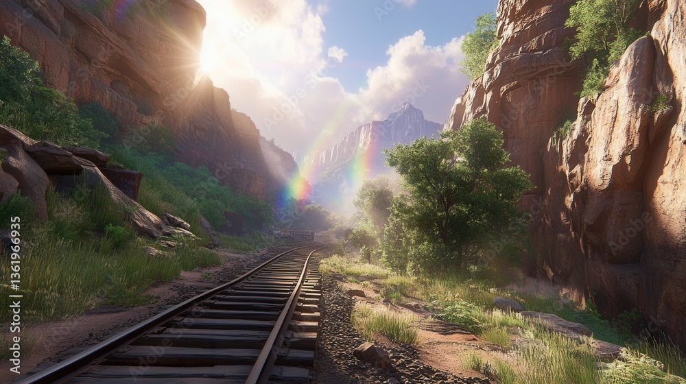 Naklejka premium Vibrant Canyon with Rainbows in Sunlit Mist