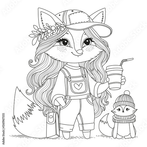 A cute fox in a cap and denim overalls walks holding a glass of coffee in his paws. Coloring page.