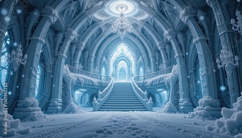 fenchanting background of an ice castle hall. Snowflakes falling, glittering chandeliers, and glistening ice creations. A winter scene featuring a grand icy palace, a staircase, and frozen...