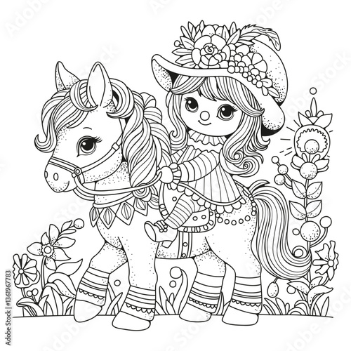 Cute girl in a clown costume riding a circus horse. Coloring page for children and adults. Art therapy.