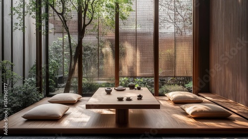 Serene Minimalist Tea Room: Zen Garden View