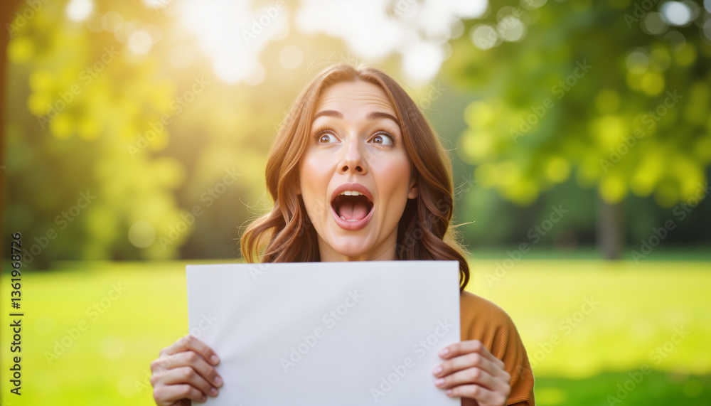 Surprised woman holding letter in sunny park, joyful revelation Surprised woman holding letter in sunny park, joyful revelation
