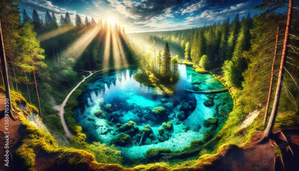 Fototapeta premium Blausee's enchanting turquoise waters reflecting golden sunrise in swiss alps