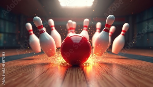 Red bowling ball crashes into pins, strike, motion blur. Bowling alley action, indoor sport. Competition game, leisure activity. Wooden floor, dynamic, energetic, 3d render.