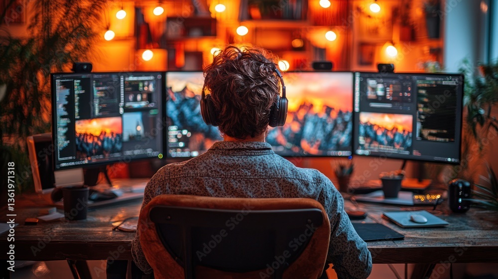 Man edits photos on triple monitors in home studio. Man edits photos on triple monitors in home studio.