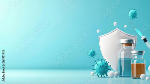 Medical , world health day with Vaccine shield, syringe and virus with protective barrier,