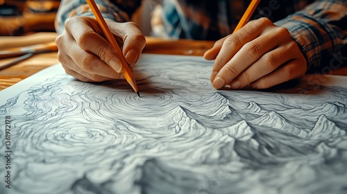 Close-up of hands sketching detailed mountain landscape.