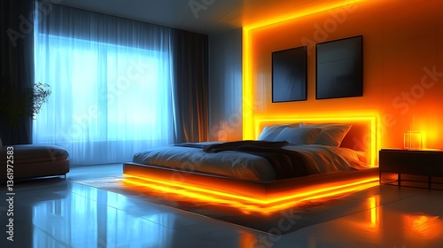 Modern bedroom with orange LED lights.