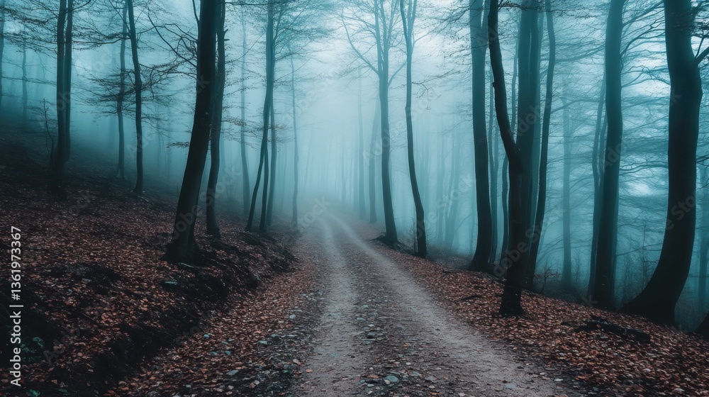 Naklejka premium A hauntingly beautiful forest path with thick fog rolling between tree trunks