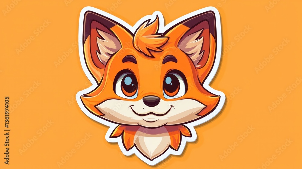 Obraz premium Pixel art illustration of an orange fox with large eyes and a cheerful expression against a muted orange background. The image is simple and charming