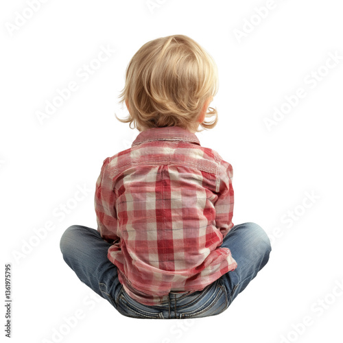 A blonde child sitting down from behind wearing jeans and a red and white plaid shirt transparent background