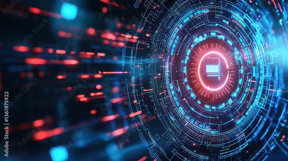 Obraz premium A futuristic digital design featuring vibrant blue and red patterns, creating a sense of movement and depth, resembling a high-tech interface or data visualization.