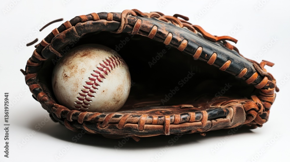 Fototapeta premium A pristine baseball sitting in the pocket of a catchers mitt, photographed on a clean white background