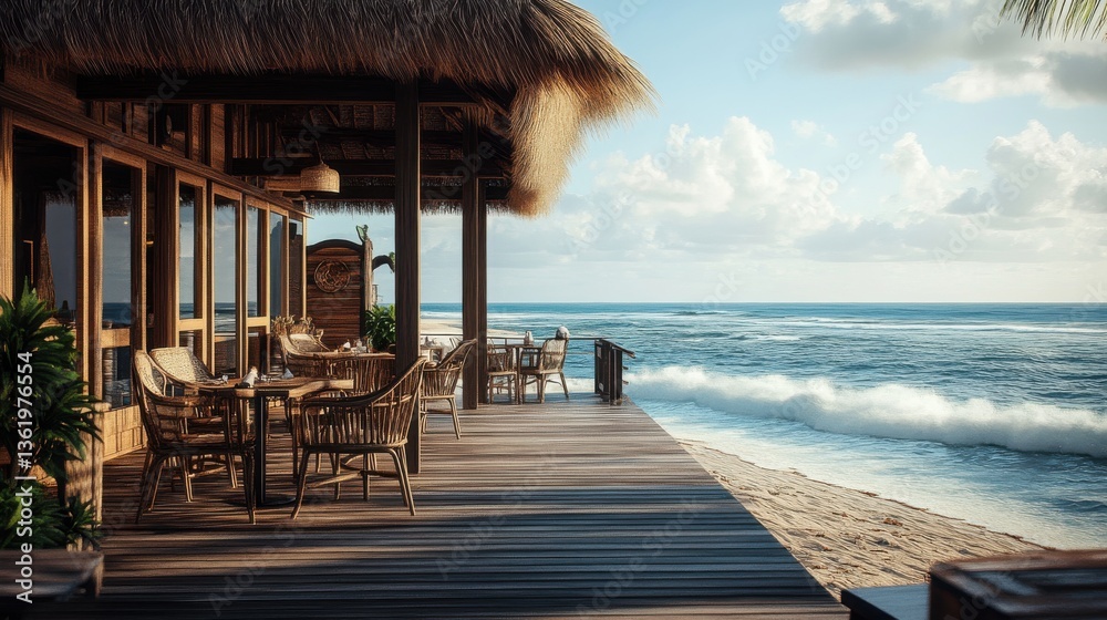 Fototapeta premium Serene beachfront restaurant with ocean view, inviting atmosphere, and gentle waves