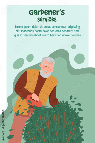 Vertical advertising banner showing an elderly man trimming a bush. Offering a gardeners service. Vector illustration
