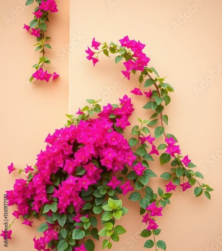 Bougainvillea cascading over a beige wall corner, garden, spring, greenery