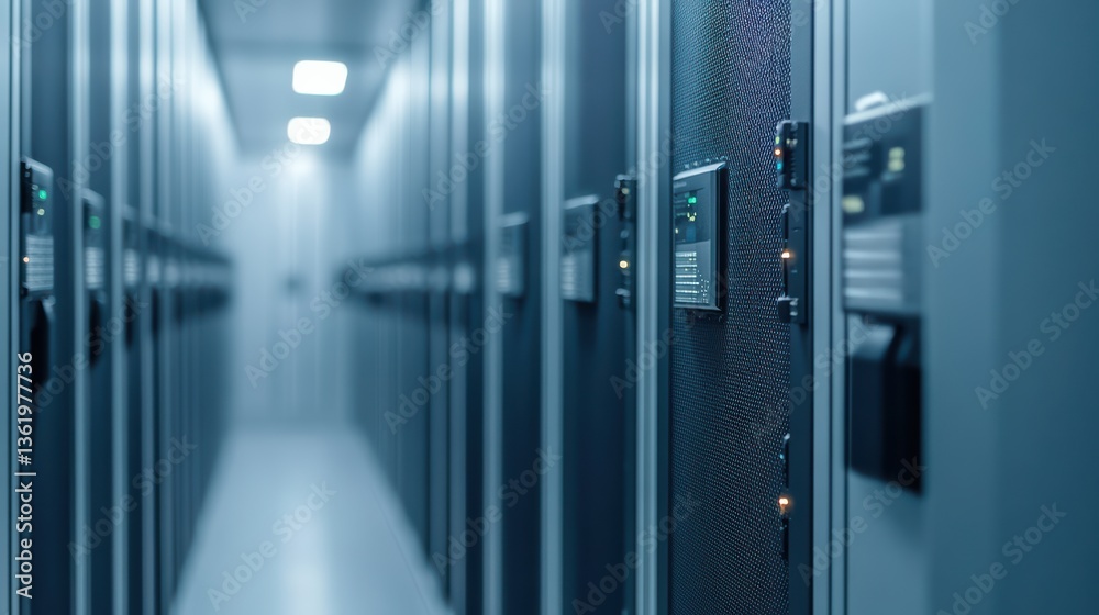 A modern data center corridor lined with server racks, showcasing a sleek and high-tech environment. A modern data center corridor lined with server racks, showcasing a sleek and high-tech environment.