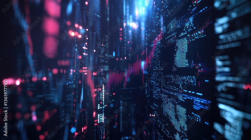 Obraz premium Abstract digital landscape showcasing data visualization with glowing graphs and futuristic elements in a tech environment