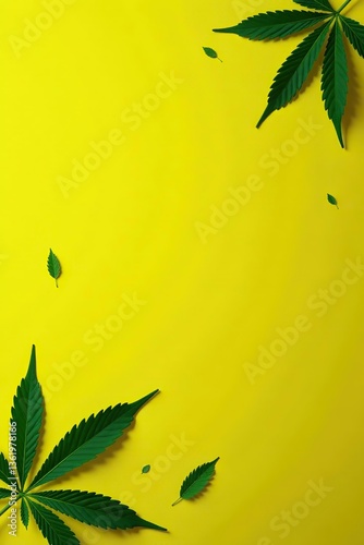 Green hemp leaves scattered on a vibrant yellow background, creating a striking contrast and a sense of nature and vitality,  sustainable,  vitality