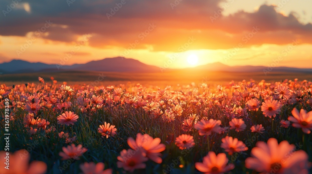 Obraz premium Vibrant sunset over a field of pink flowers.
