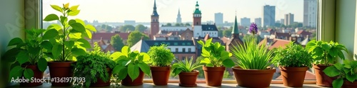 Green herbs and plants thriving on a sunny balcony overlooking Stockholm skyline,  sunny,  apartment