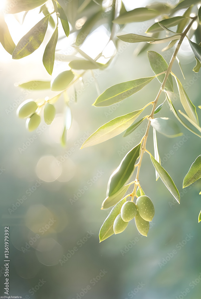 Obraz premium Crisp detail of an olive branch, soft shadows playing on green olives and textured leaves