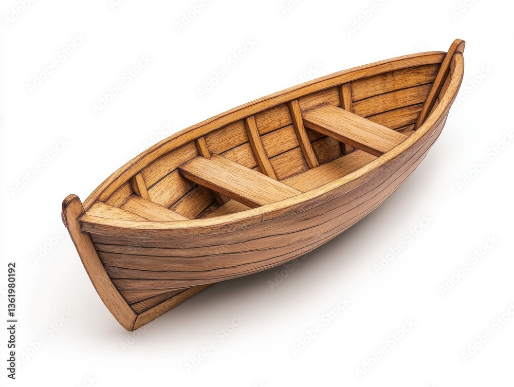 Obraz premium Detailed Wooden Model Rowboat on White Background