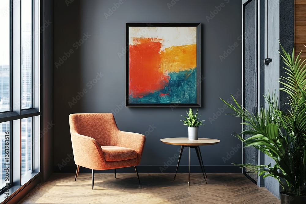 Fototapeta premium Interior with Armchair, Painting, and Plants. Dark Wall and Wood Floor Design