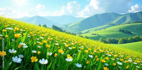 Green hill covered in yellow and blue flowers during spring,  nature,  3D rendering